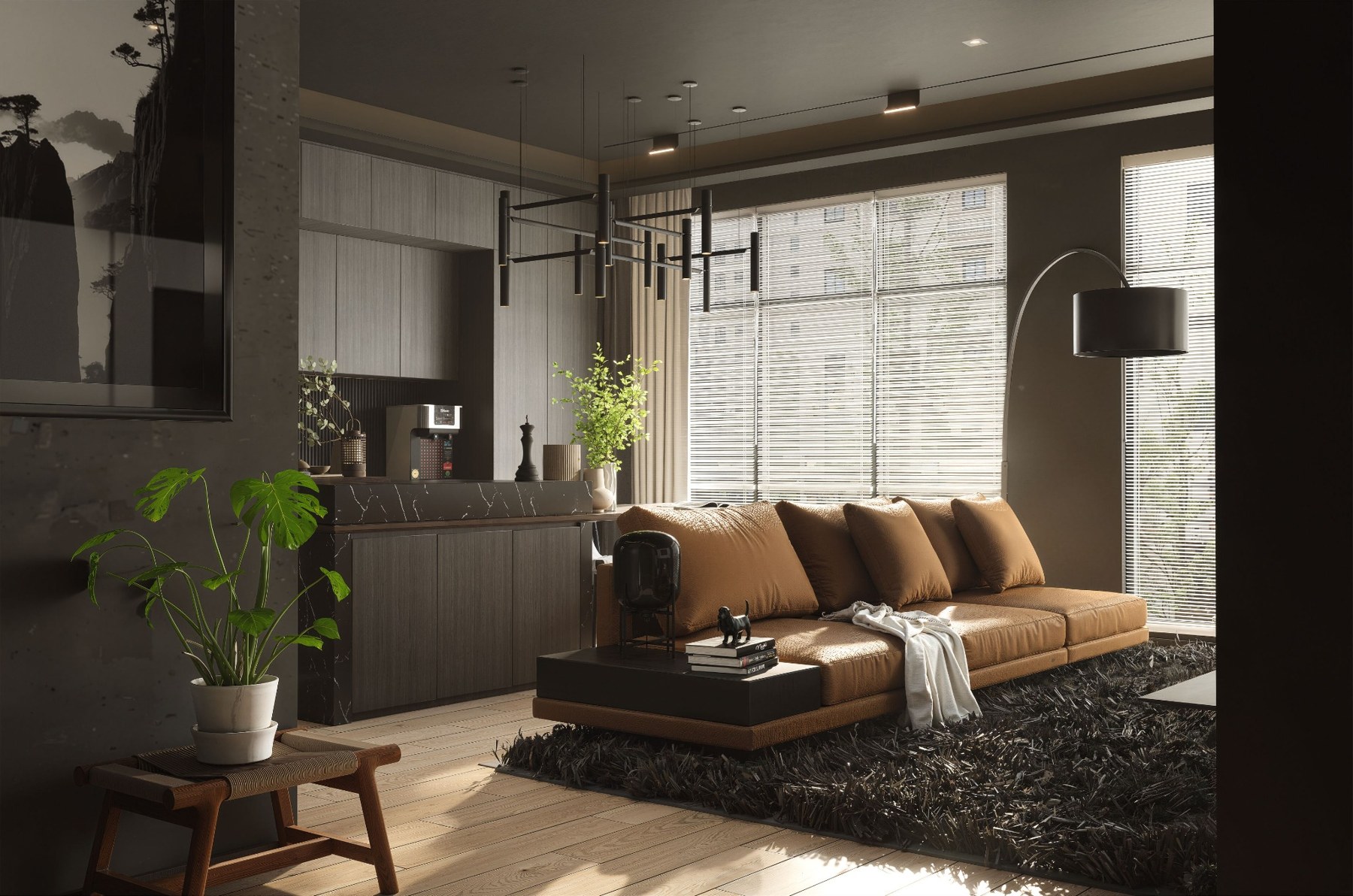 Warm, sunlit living room with a tan sofa