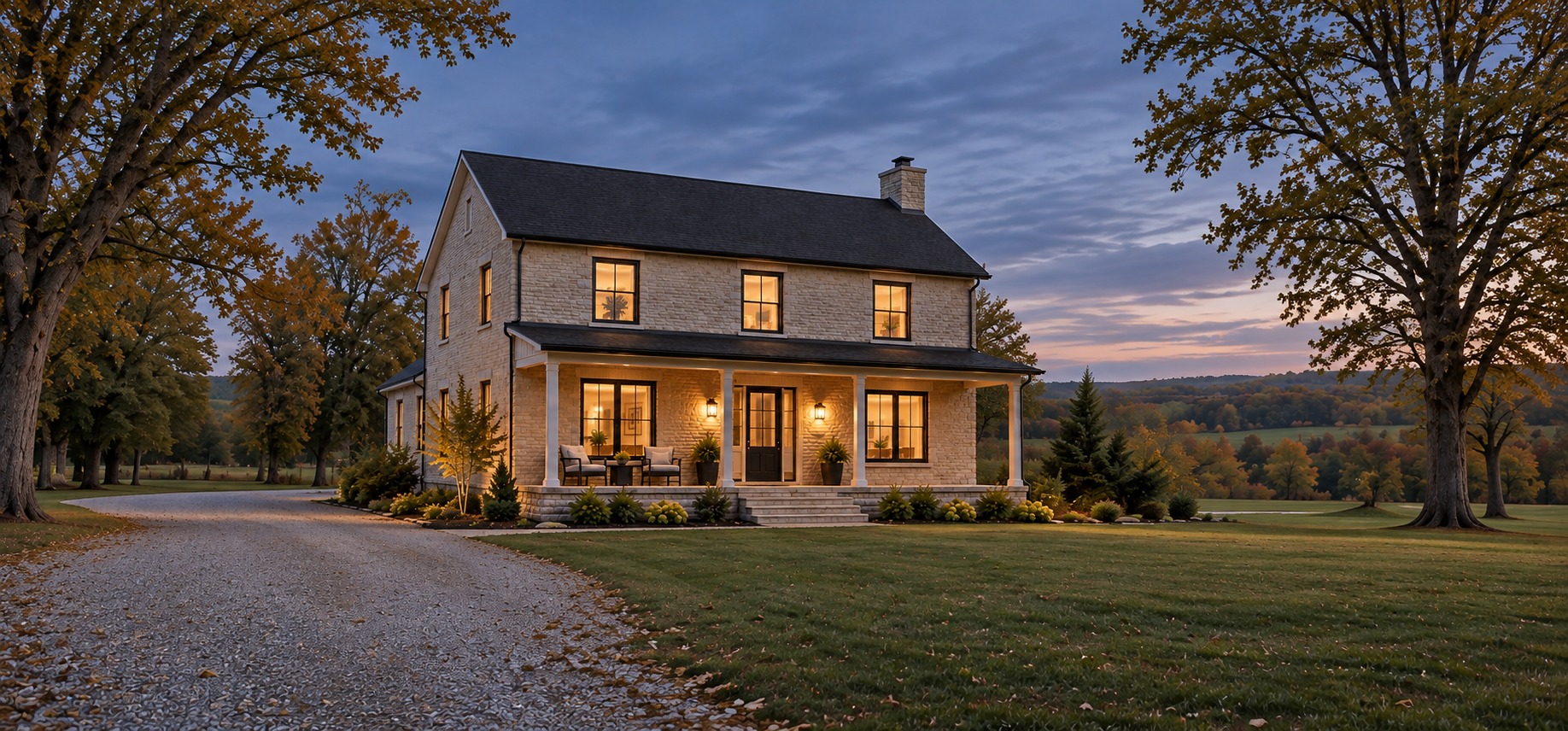 Illustrative stone country home with a covered porch, warm windows and a spacious yard at dusk